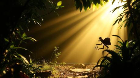 Explore a captivating backyard jungle through the eyes of a bug-sized hero, bathed in an ethereal spiritual vibe and strong h