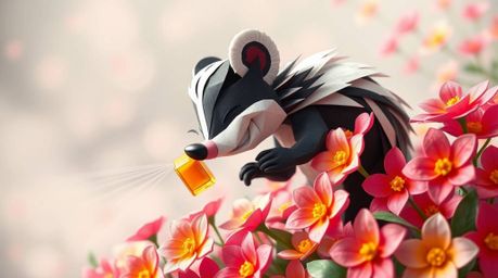A whimsical cartoon skunk with a mischievous grin is depicted spraying perfume onto vibrant flowers, rendered in an intricate