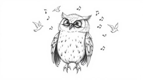 This stunning hand-drawn sketch in Pixar style depicts a blind owl with soft, textured feathers guiding birds in flight. Musi
