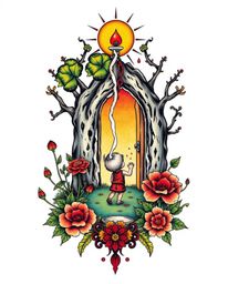 This symbolic traditional tattoo art print captures the wonder of a child discovering a magical portal in their backyard. Spl