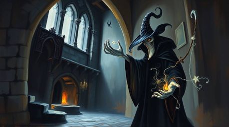 A captivating oil painting depicts a classic Disney villain casting a spell within the eerie confines of an old castle.  The 