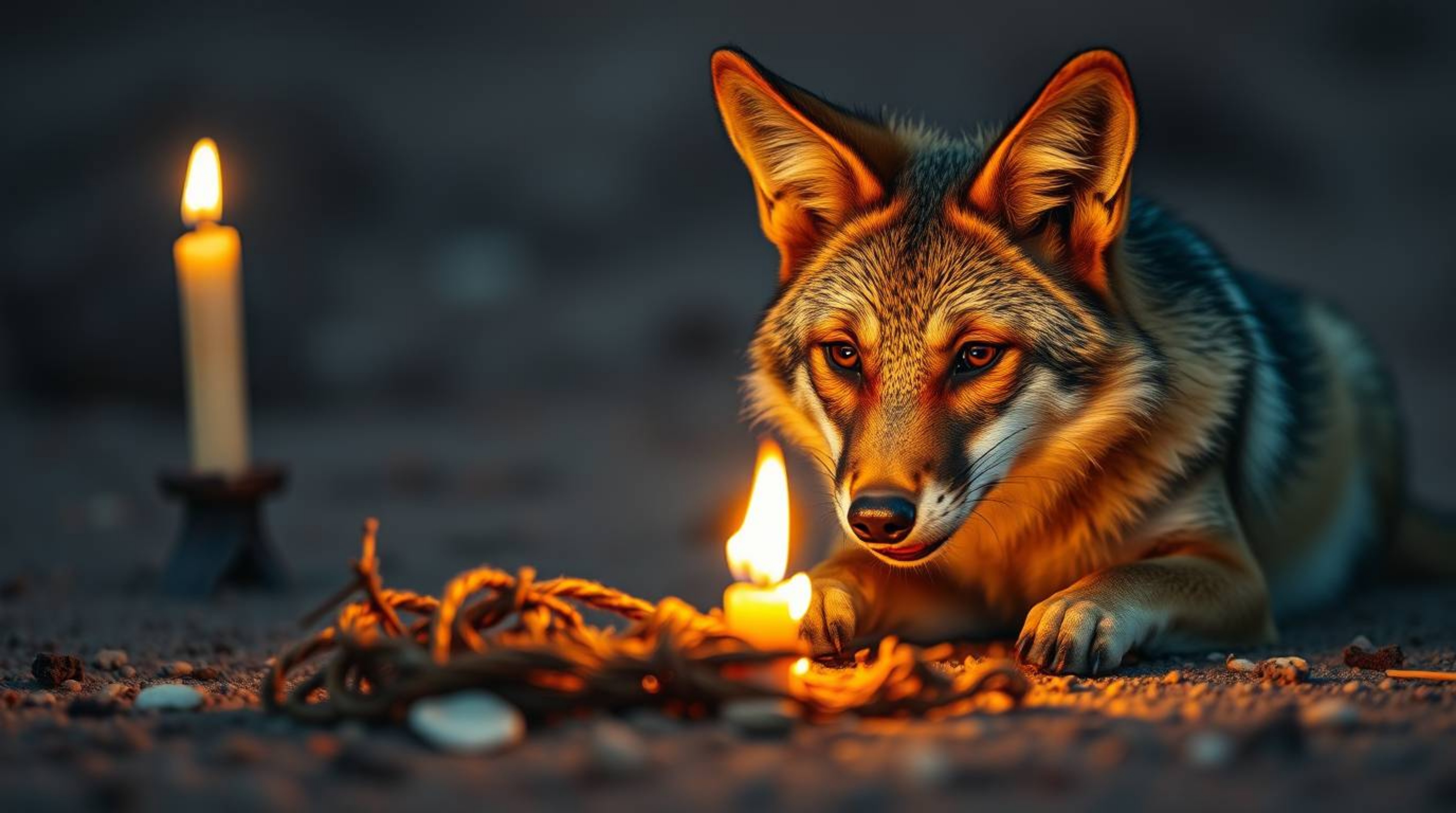 An extreme macro close-up captures a coyote meticulously setting a ridiculous trap in the arid desert landscape, bathed in th
