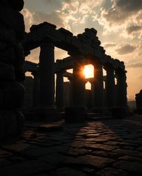 This is a high-resolution, professional-quality stock photograph capturing ancient stone ruins as a dramatic sunset casts lon