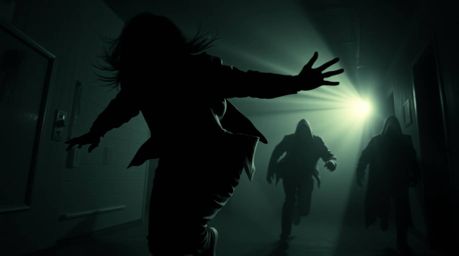 This chase scene utilizes high contrast and low-key lighting to create an eerie and creepy atmosphere, enhanced by exaggerate