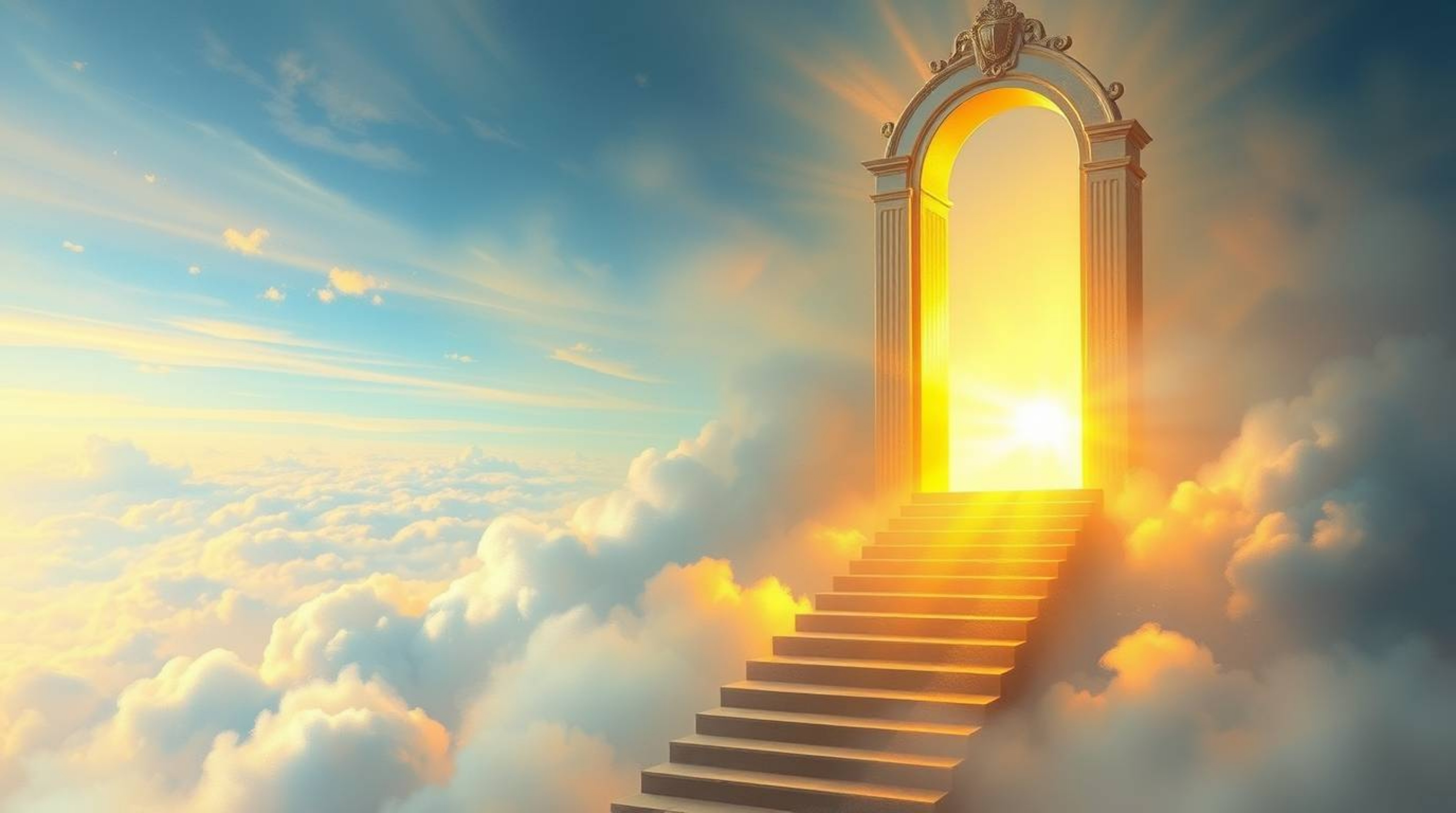 A breathtaking fantasy realism painting depicts a heavenly gate shimmering above a sea of clouds.  A golden staircase ascends