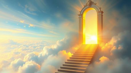 A breathtaking fantasy realism painting depicts a heavenly gate shimmering above a sea of clouds.  A golden staircase ascends
