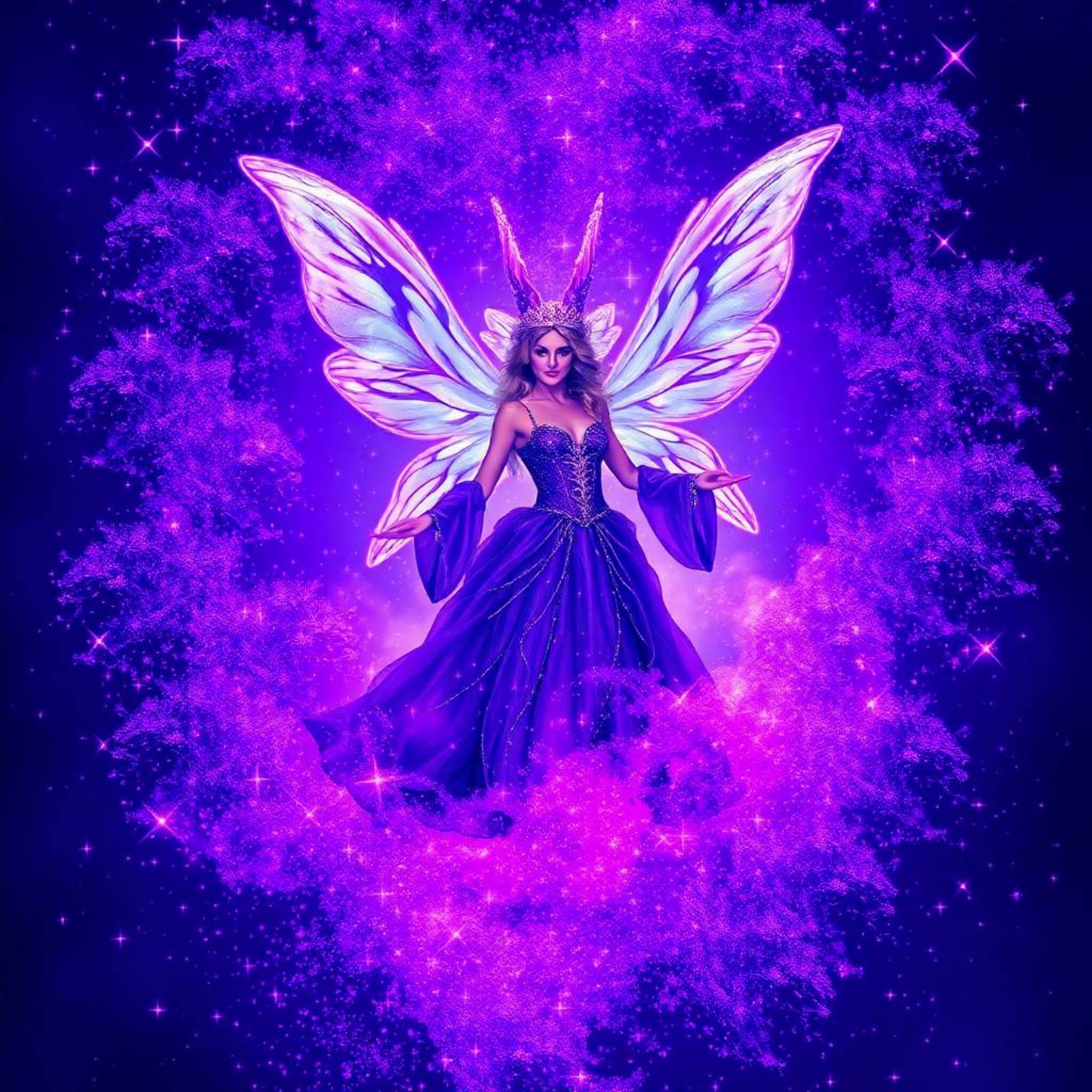 Witness a stunning visual of a fairy godmother emerging from a vibrant swirl of deep ultraviolet sparkles. This captivating s