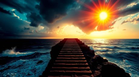 A dramatic scene unfolds with a staircase rising from the ocean towards a stormy sky, illuminated by a divine sunburst. The c
