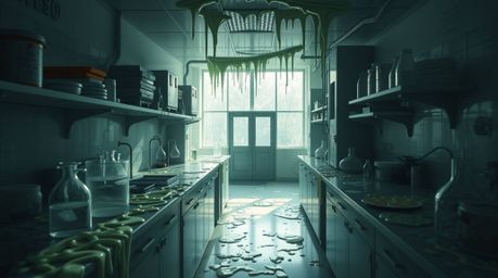 This image showcases a slime-covered science lab from a high-angle perspective, emphasizing gentle soft light and diffused sh