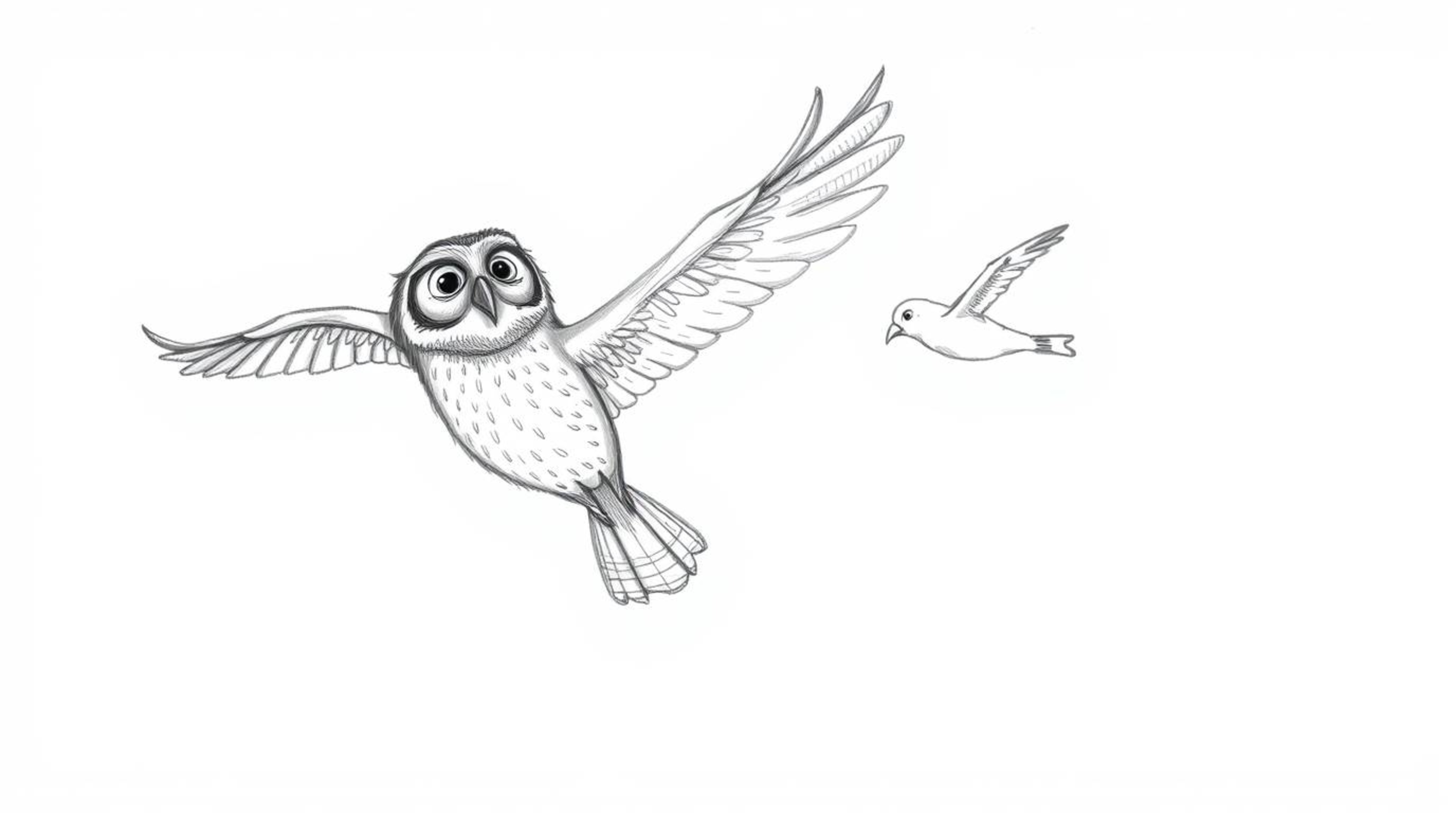 A Pixar-style, hand-drawn sketch depicts a blind owl with textured pencil stroke feathers, teaching birds the art of synchron