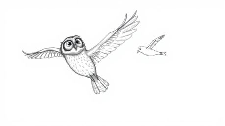 A Pixar-style, hand-drawn sketch depicts a blind owl with textured pencil stroke feathers, teaching birds the art of synchron