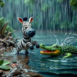 A vibrant and textured layered papier-mâché artwork depicting a wet and rainy scene. A 3D cartoon zebra with big, expressive 