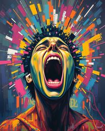 A dramatic acrylic painting depicts a person screaming as their world explodes into vibrant pixels.  The bold brushstrokes an
