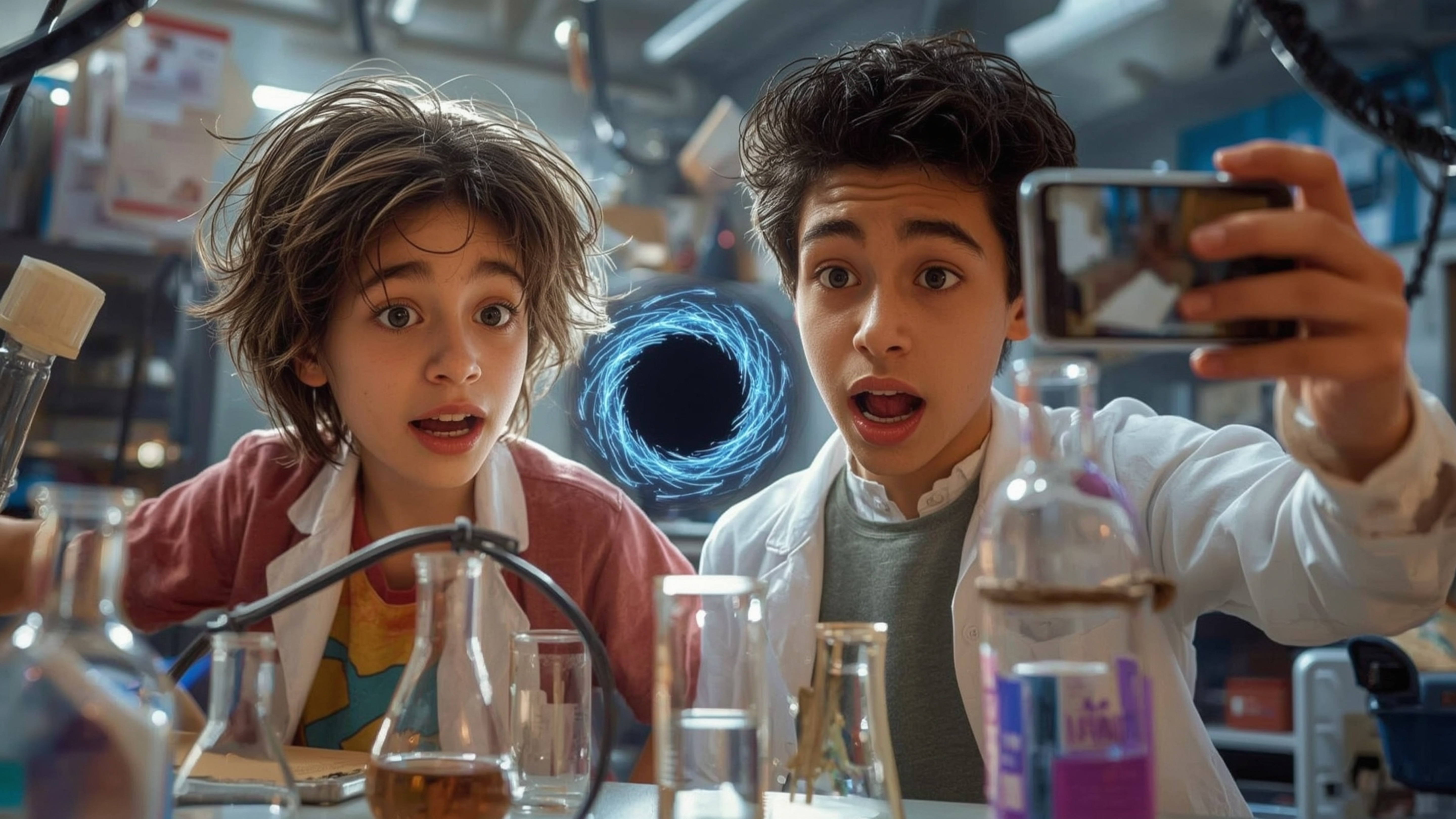 In a vibrant, cinematic photograph reminiscent of Pixar's stylization, a dynamic science fair duo is captured amidst a chaoti