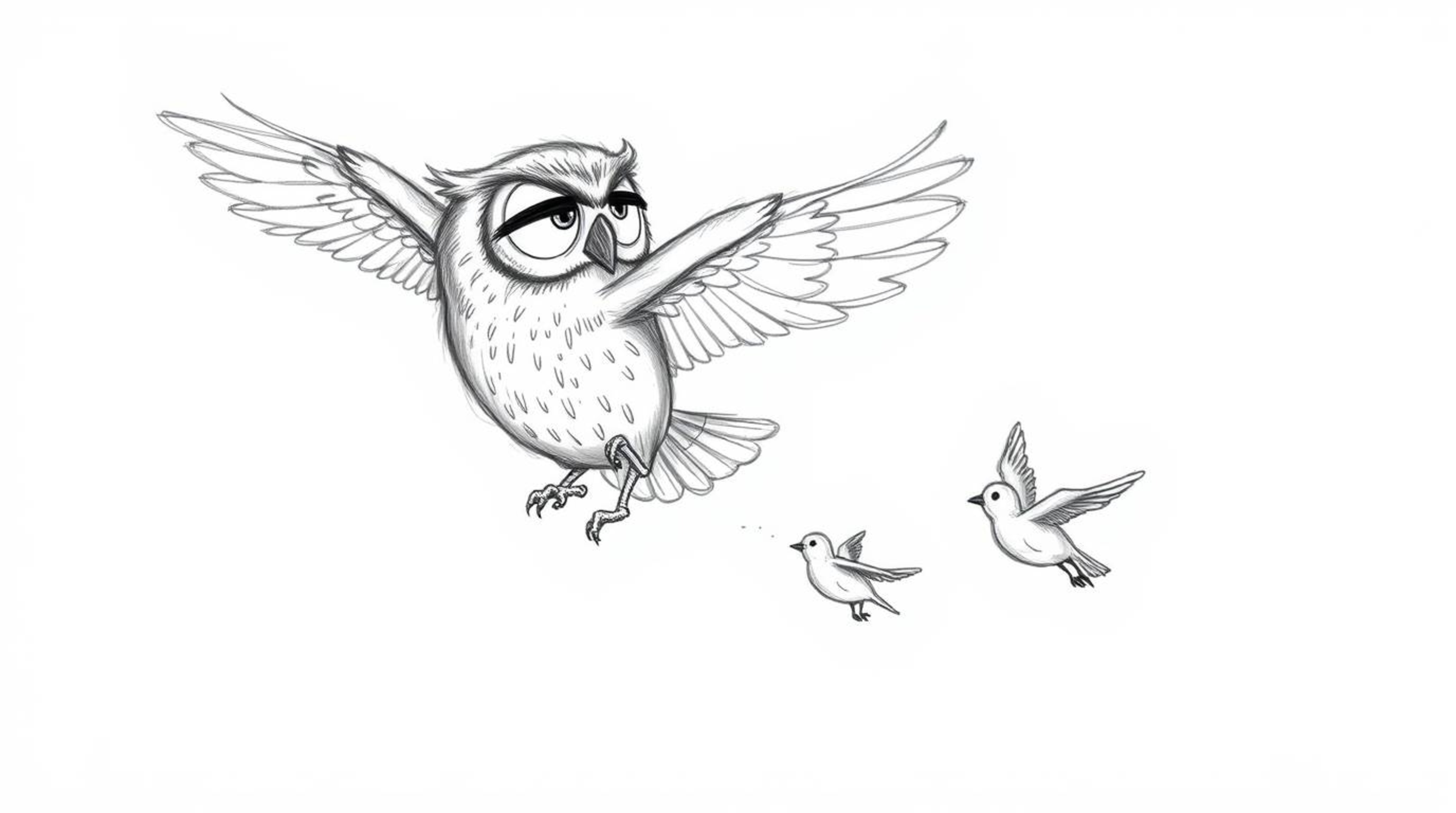A heartwarming image of a blind owl, rendered in a hand-drawn sketch style with textured pencil strokes, patiently guiding se