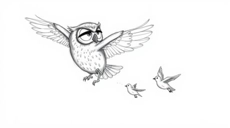 A heartwarming image of a blind owl, rendered in a hand-drawn sketch style with textured pencil strokes, patiently guiding se