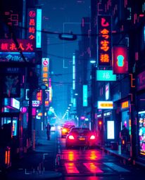 Download this high-resolution stock photo featuring a vibrant cyberpunk street scene. The image showcases a striking pixelate