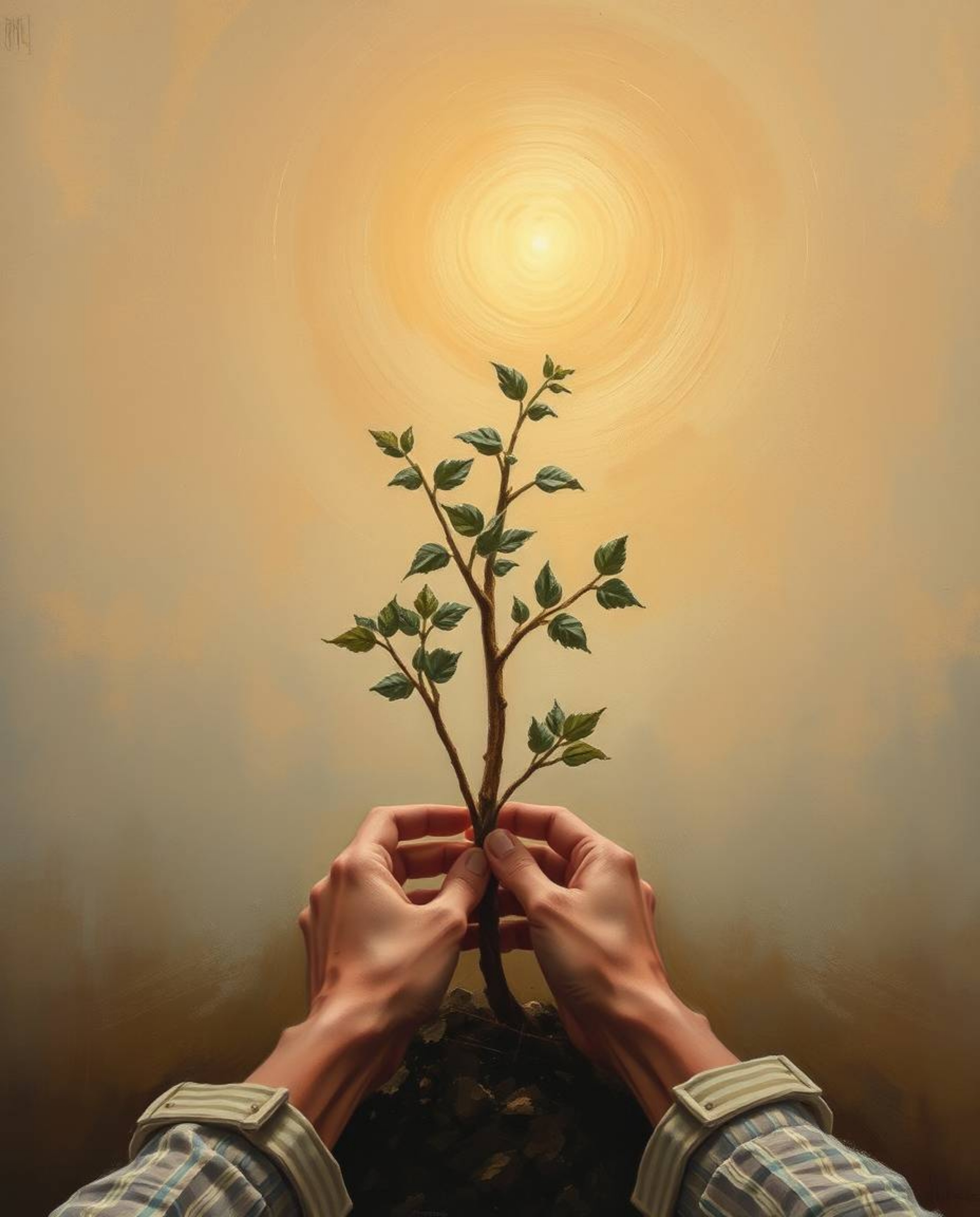 A captivating oil painting depicts hands gently planting a tree under a hazy, golden sky.  The soft light and dreamy atmosphe