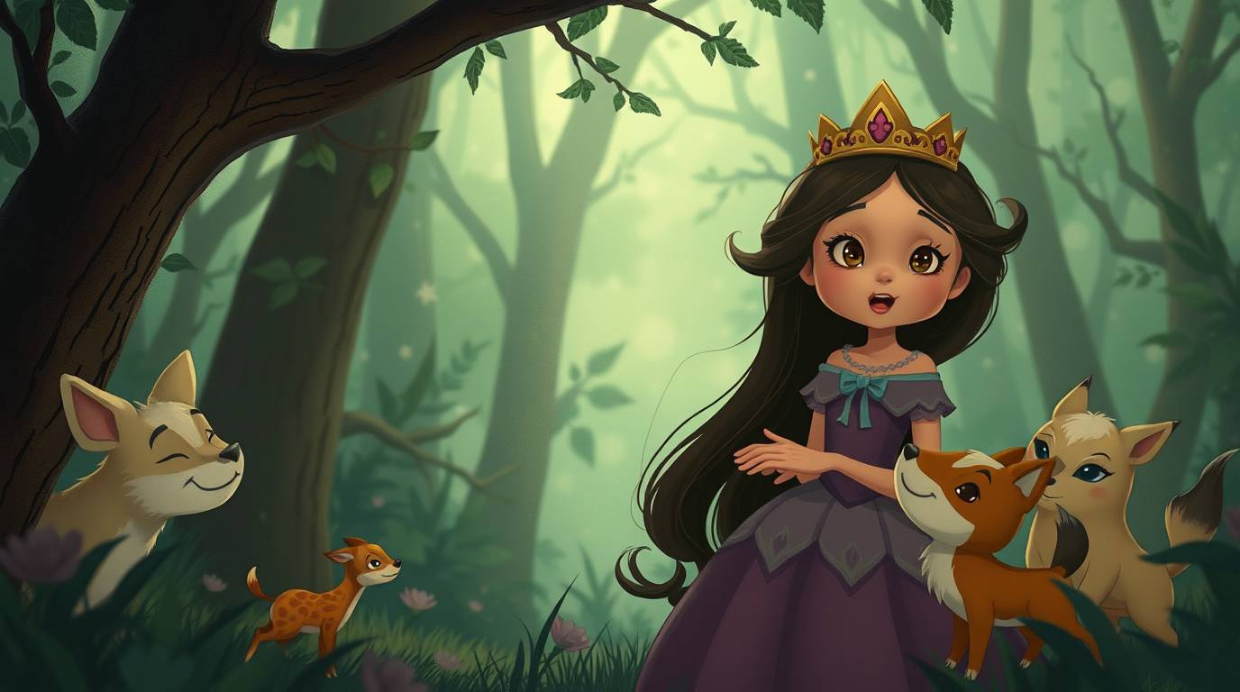 A captivating vintage 2D animation featuring a moody princess singing alongside enchanting forest animals. The video boasts