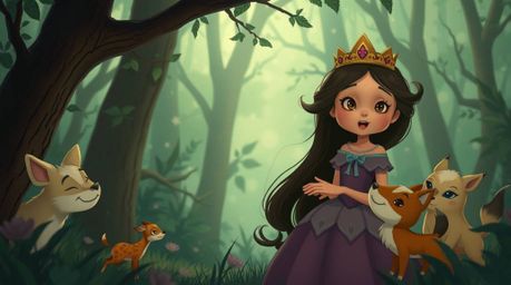 A captivating vintage 2D animation featuring a moody princess singing alongside enchanting forest animals.  The video boasts 