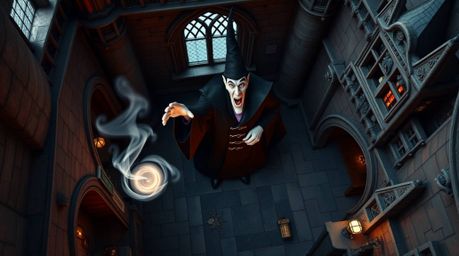 This high-resolution stock photo offers an overhead bird's eye view of a classic Disney villain meticulously casting a spell 