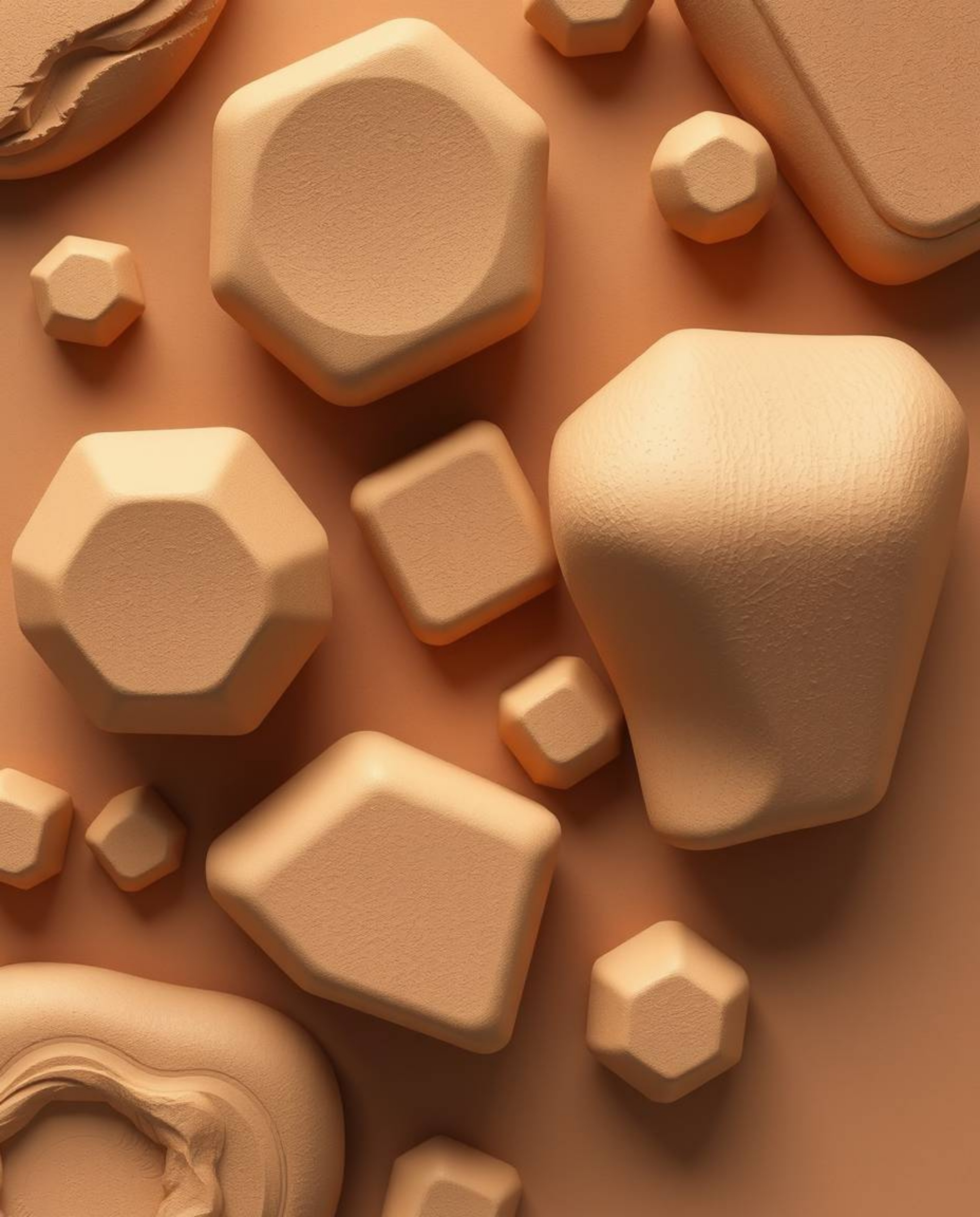 Explore a captivating overhead view of 3D shapes adorned with a smooth gradient texture, rendered in natural earth tones and 