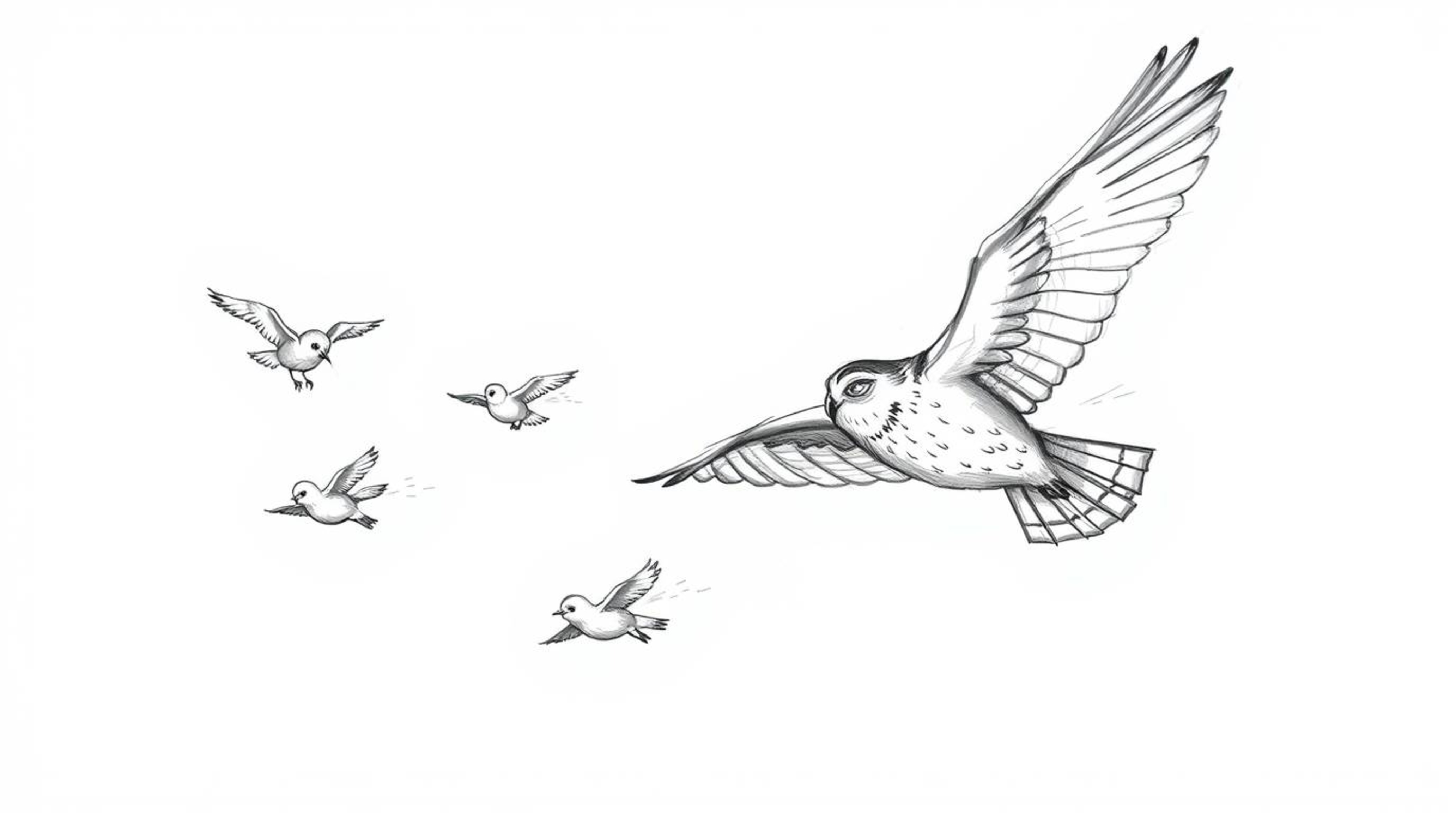 A hand-drawn sketch inspired by Pixar, showing a blind owl in mid-flight, guiding a group of birds as they learn to fly. The 