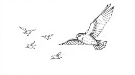 A hand-drawn sketch inspired by Pixar, showing a blind owl in mid-flight, guiding a group of birds as they learn to fly. The 