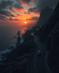 This surreal digital painting showcases a winding coastal highway at sunset, rendered in an intense jet black with deep, enve