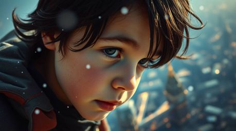 An extreme macro close-up shot featuring a young boy with dark hair and light skin soaring above a futuristic, sci-fi London,