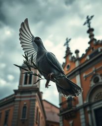 A dramatic cinematic photograph depicting a dove carrying an olive branch amidst a stormy sky.  The image features precise ar