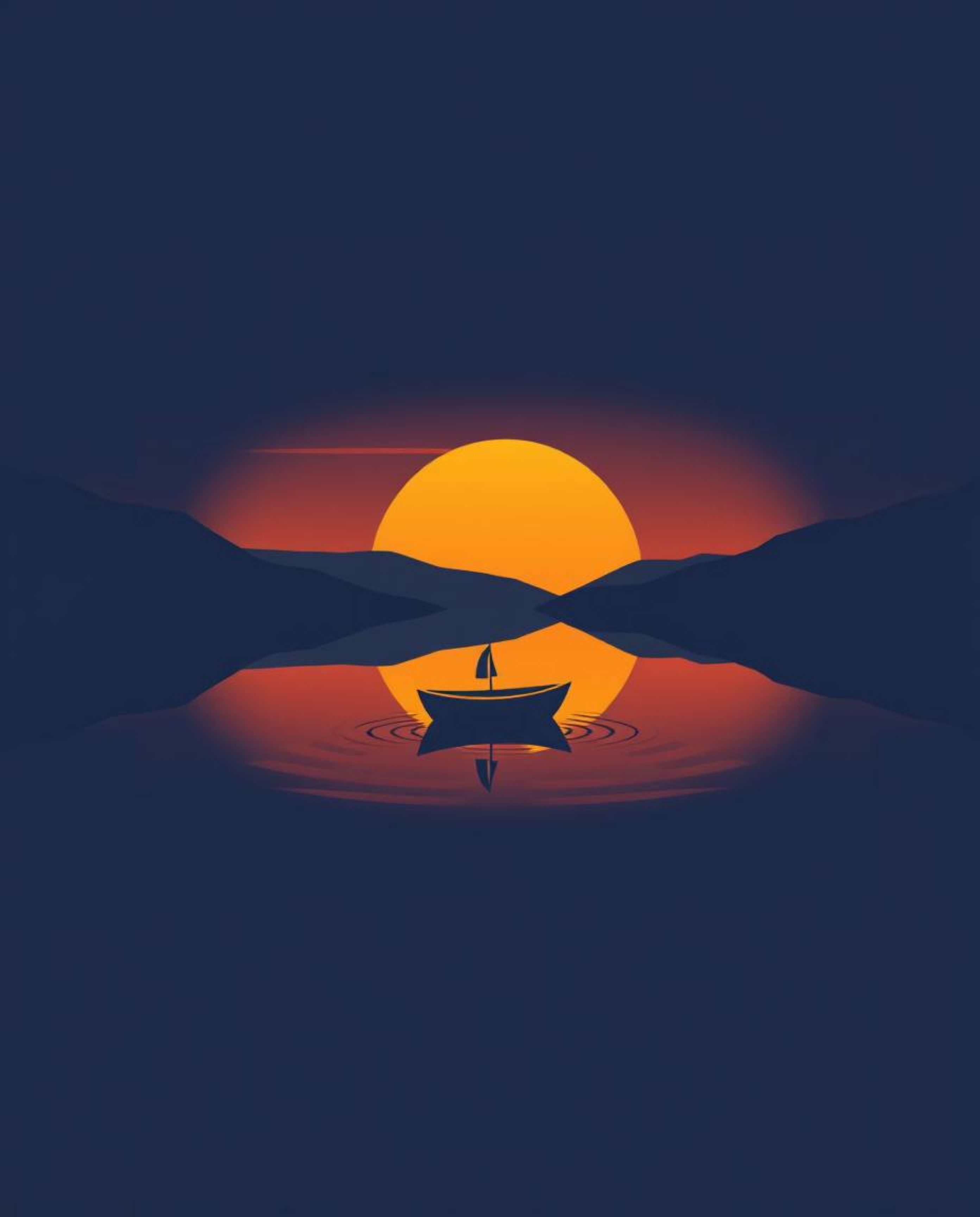 A geometric, minimalist logo portrays a boat adrift on a sunset lake. The design employs clean lines, perfect symmetry, and a
