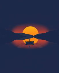A geometric, minimalist logo portrays a boat adrift on a sunset lake. The design employs clean lines, perfect symmetry, and a