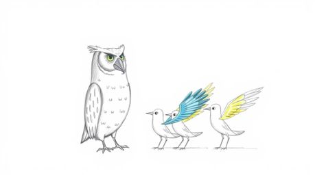 A heartwarming, Pixar-esque hand-drawn sketch depicts a gentle blind owl guiding several birds as they sketch their own vibra