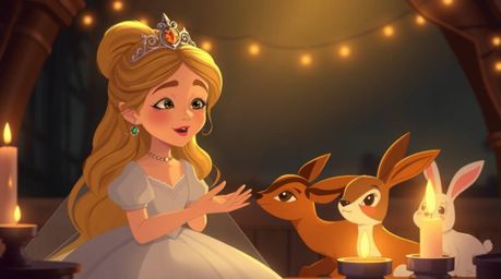 A princess with gentle features, singing to a deer and rabbit in a vintage 2D animation style, creates a soft and dreamy atmo