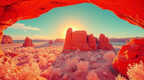 Experience a surreal and vibrant infrared image depicting a traditional tattoo-style sunset viewed through a desert rock arch