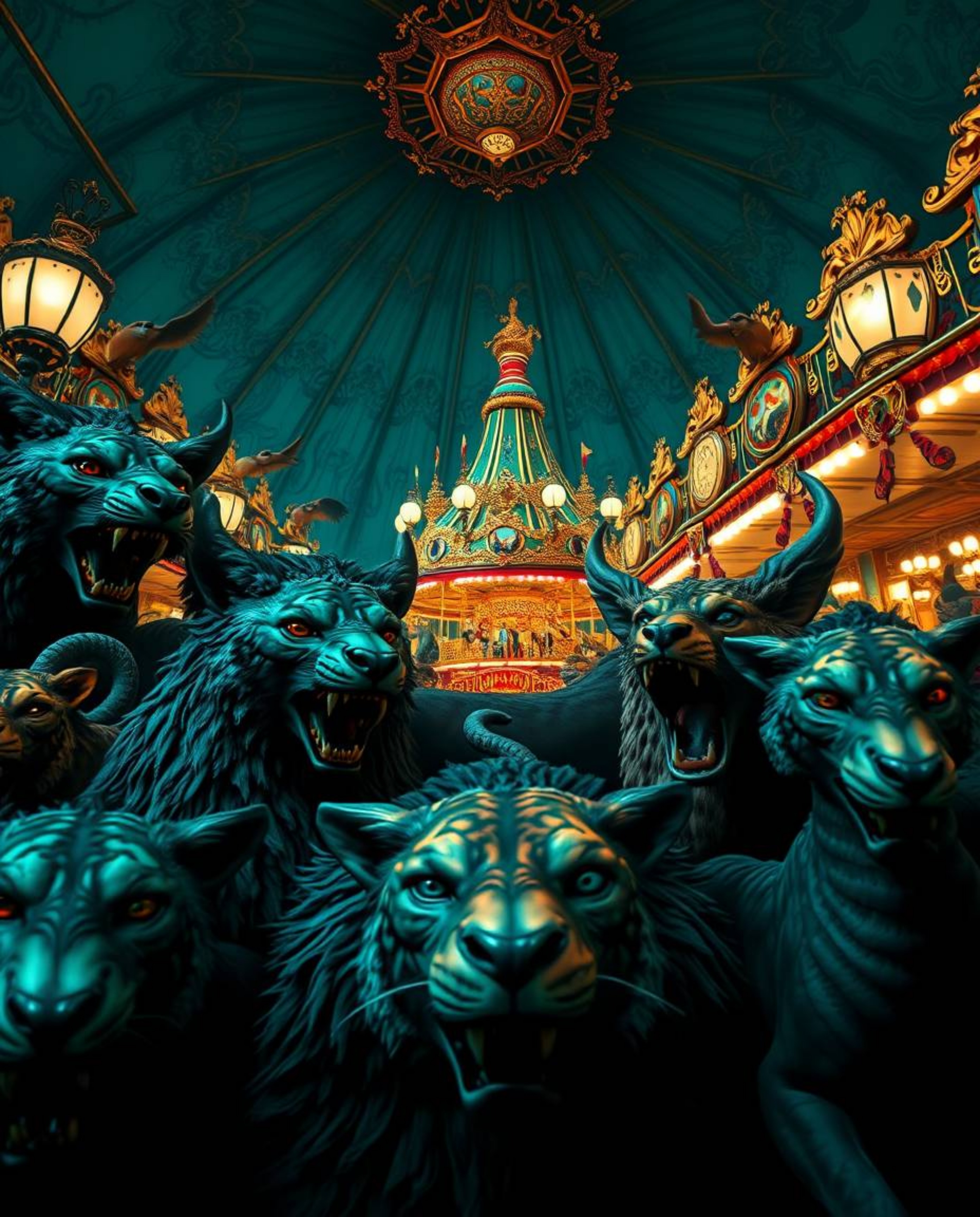 A rich, deep teal carnival scene, overtaken by wild animals, creates a luxurious and vibrant atmosphere. Detailed animal feat