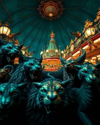 A rich, deep teal carnival scene, overtaken by wild animals, creates a luxurious and vibrant atmosphere. Detailed animal feat