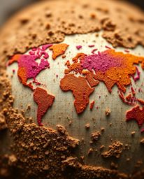An extreme macro close-up image showcasing a world map meticulously crafted from bright, colorful splashes using natural eart