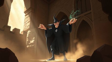A digital painting capturing a classic Disney villain conjuring a spell inside a brown stone castle. The artwork employs natu