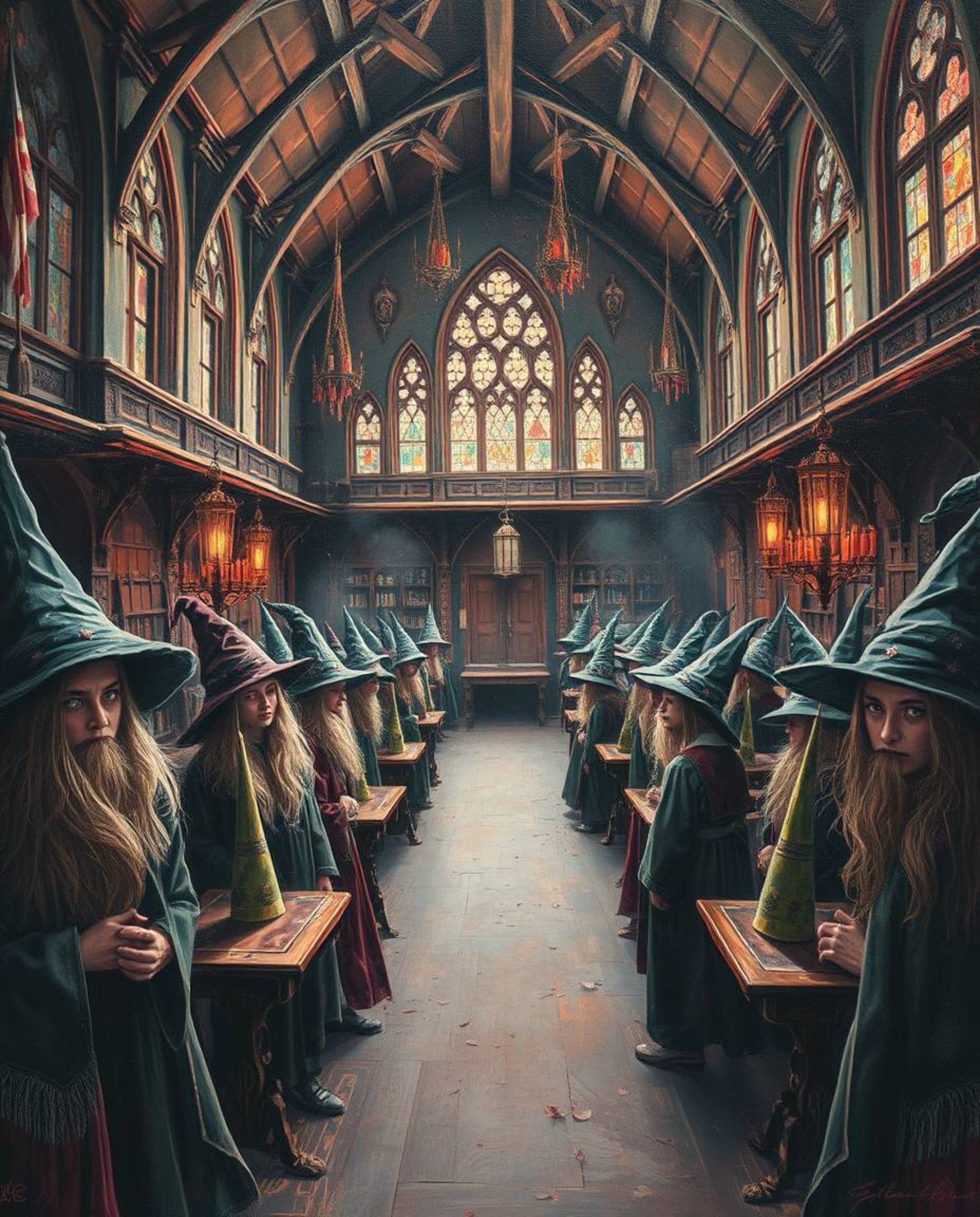 Explore a breathtaking oil painting depicting a magical school brimming with young wizards. This artwork is rendered in a cla