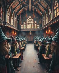 Explore a breathtaking oil painting depicting a magical school brimming with young wizards. This artwork is rendered in a cla