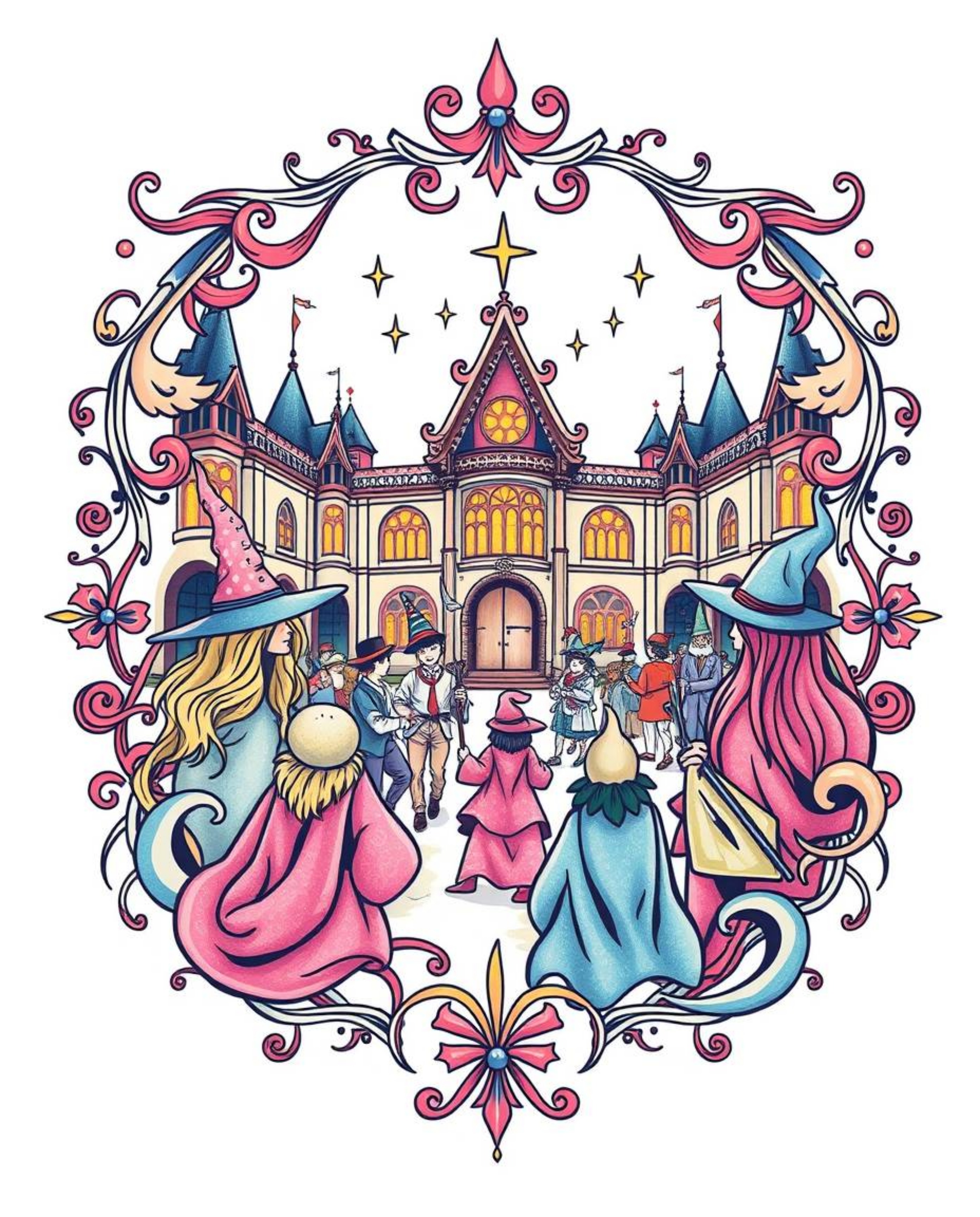 Discover unique symbolic traditional tattoo art prints featuring a magical school filled with young wizards.  These designs b