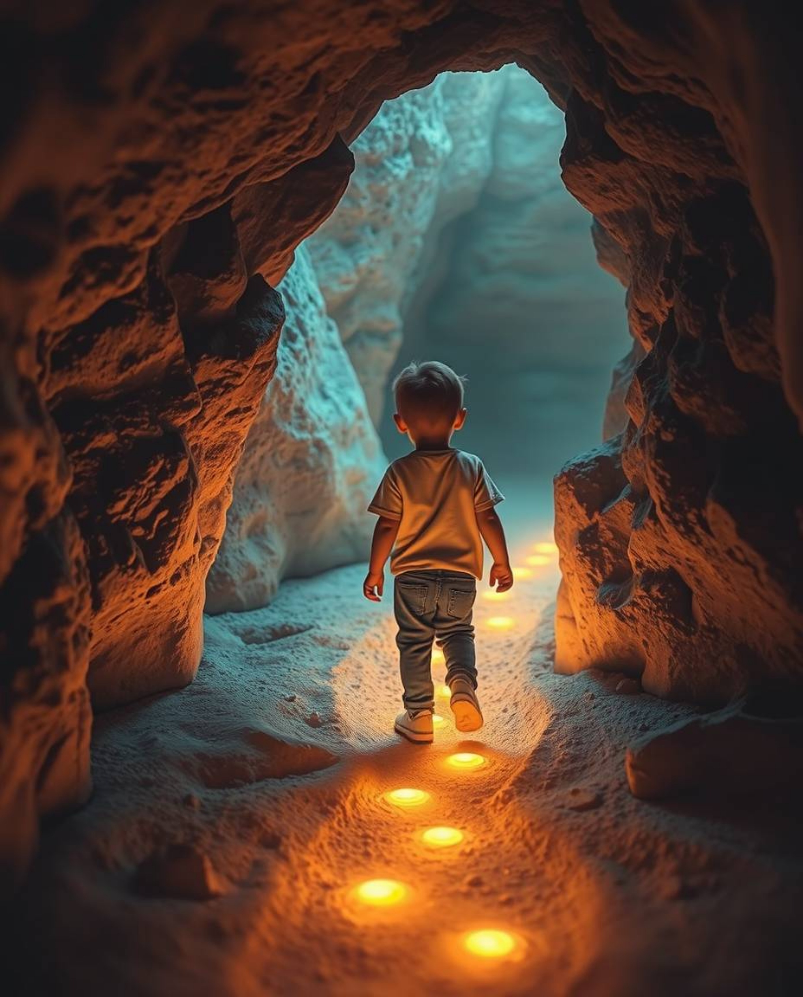 A captivating scene unfolds as a child bravely follows a trail of glowing footsteps into the depths of a mysterious cave. The
