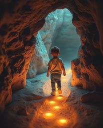 A captivating scene unfolds as a child bravely follows a trail of glowing footsteps into the depths of a mysterious cave. The