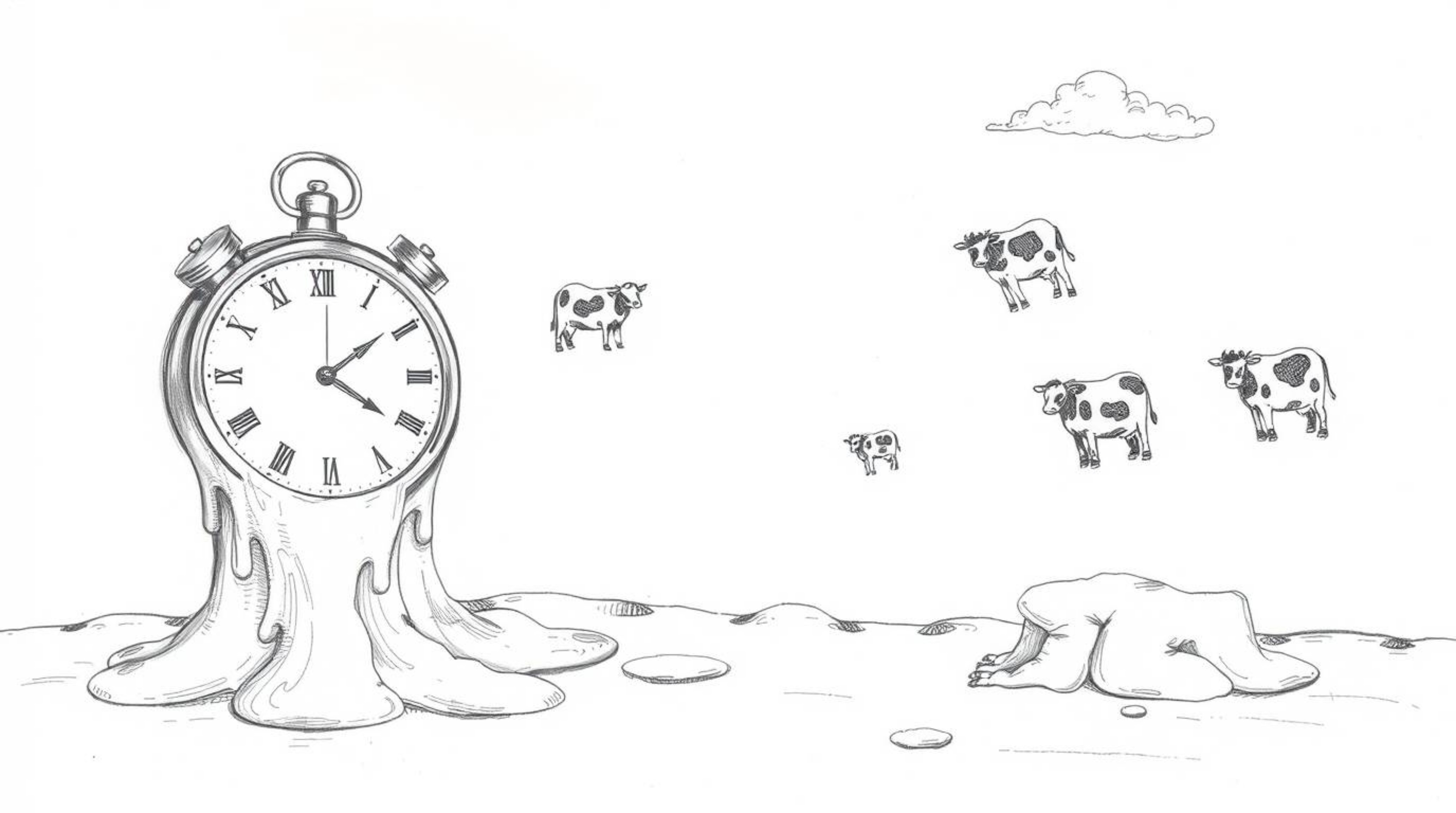 Explore a hand-drawn sketch depicting a surreal dreamscape filled with melting clocks and floating cows, rendered in soft pas