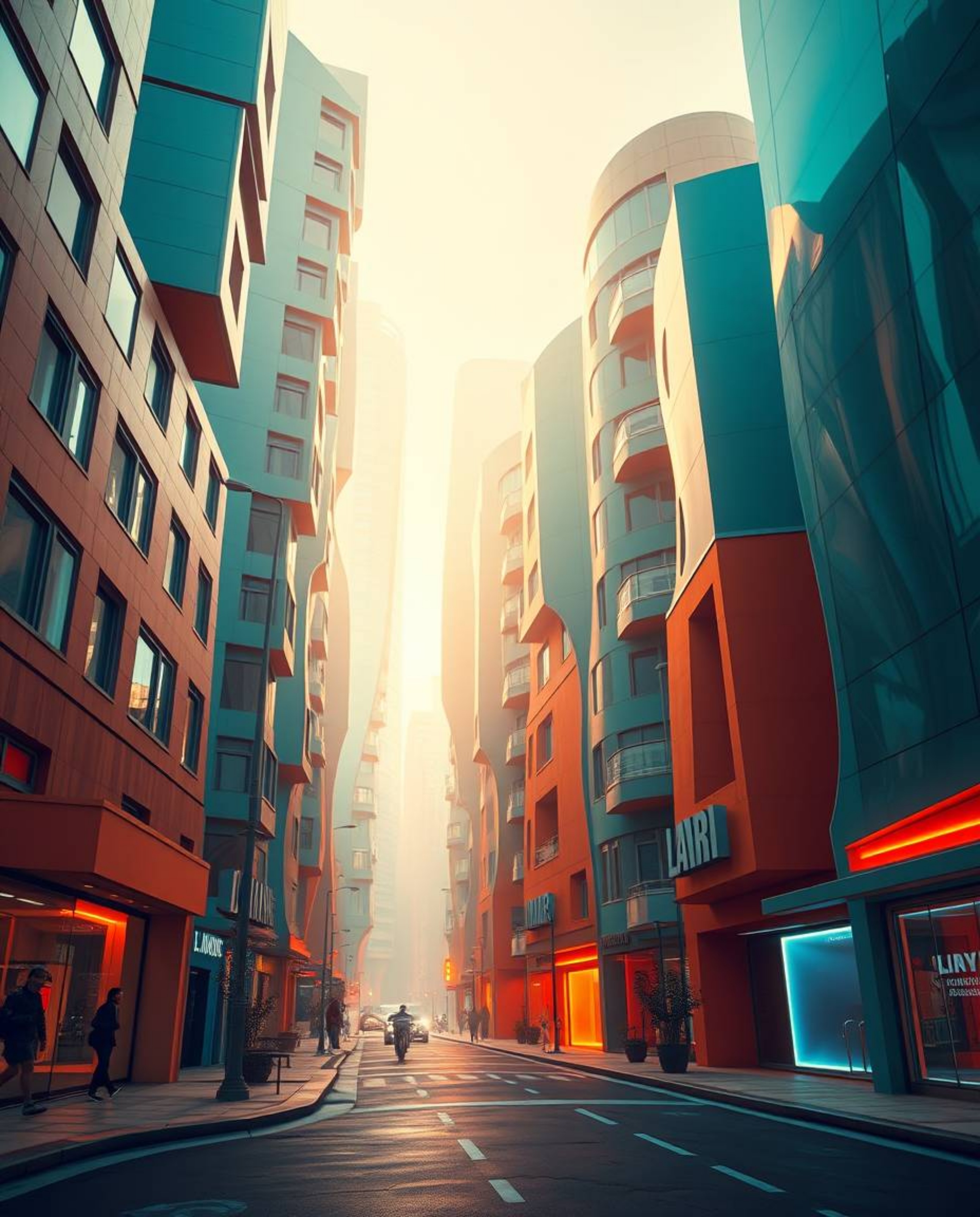 Experience an epic lens glow lighting illuminating a modern future scene.  Warm terracotta and cool teal architectural colors