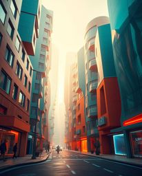 Experience an epic lens glow lighting illuminating a modern future scene.  Warm terracotta and cool teal architectural colors