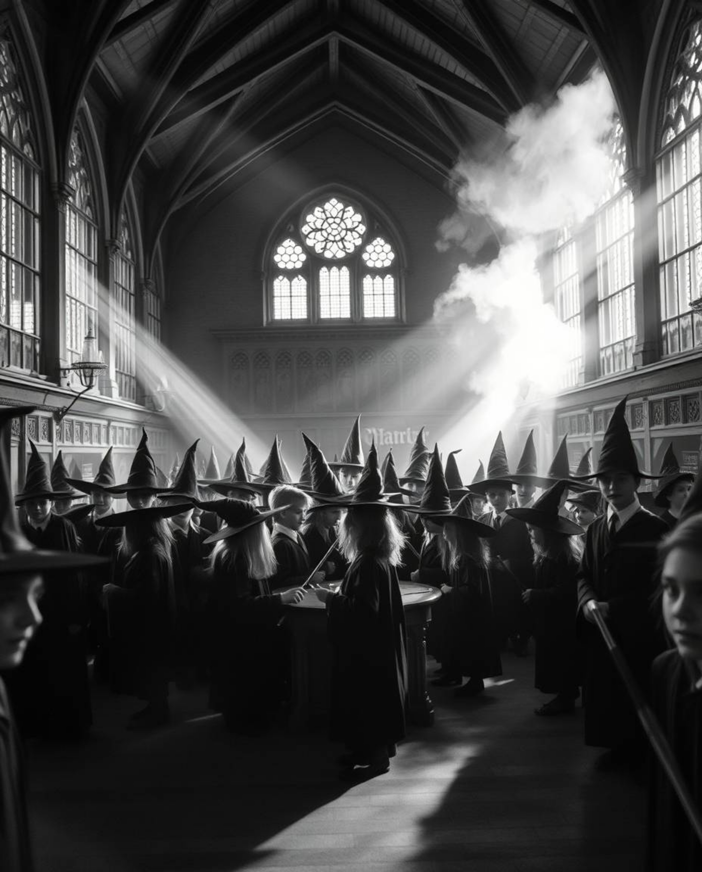 A timeless and elegant black and white photograph captures the enchanting atmosphere of a magical school teeming with young w