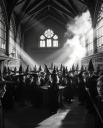 A timeless and elegant black and white photograph captures the enchanting atmosphere of a magical school teeming with young w